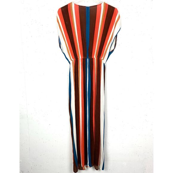 Elan Striped Maxi Cover Up Dress Plunging Bodice Slit Skirt Stripe Size Small - Picture 3 of 12